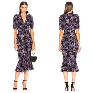 Veronica Beard Silk Black Purple Floral Print Ruched V Neck Kent Dress Size 12
